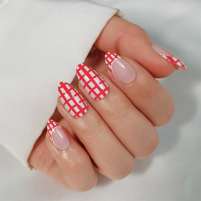 Wholesales Red French Nails Tips Checkered Soft Gel Nail Tips 32 Piece Set 