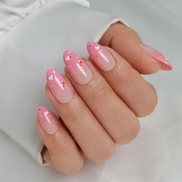 YoungMei Soft Gel Nail Wraps Romantic Pink Gradient Heart Design 32pcs Press On Nails 