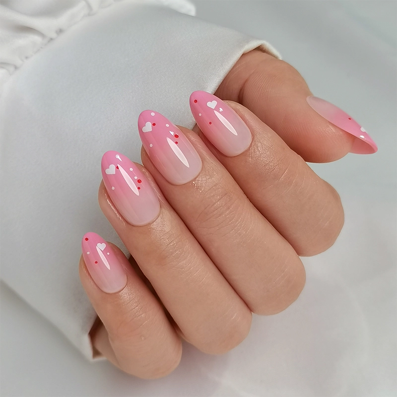 YoungMei Soft Gel Nail Wraps Romantic Pink Gradient Heart Design 32pcs Press On Nails 