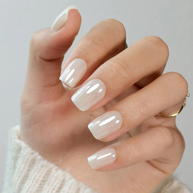  Custom Chrome White Press on Nails Square Soft Gel Glazed False Nails 