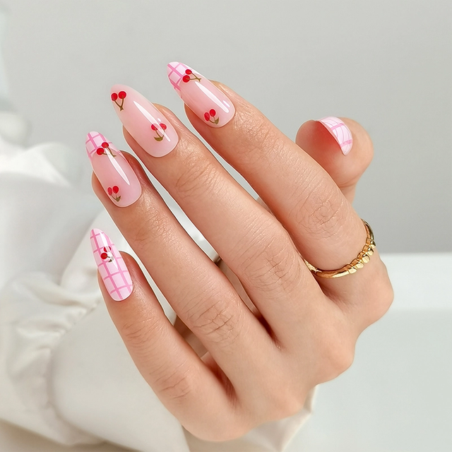 Elegant Pink Checkered & Cherry Soft Gel Nail Extensions Press On Nails Factory