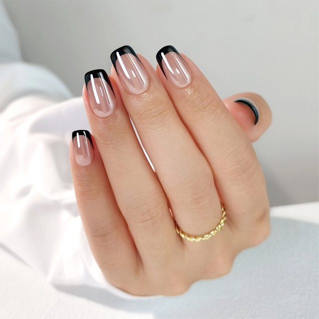  Summer Wholesale Medium Long Square Black French Press On Nails 