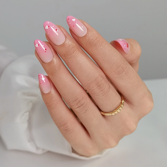 YoungMei Soft Gel Nail Wraps Romantic Pink Gradient Heart Design 32pcs Press On Nails 
