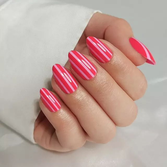  Vibrant Pink & White Striped Soft Gel Nail Extensions Press On Nails Manicure Vendor 