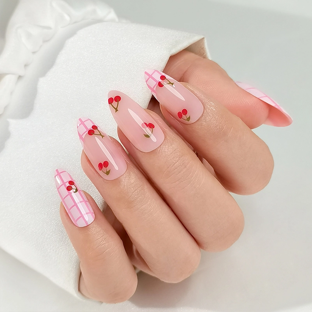 Elegant Pink Checkered & Cherry Soft Gel Nail Extensions Press On Nails Factory