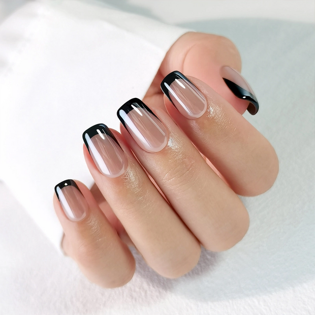  Summer Wholesale Medium Long Square Black French Press On Nails 