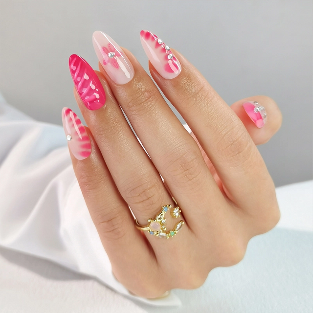  Summer Wholesale 3D Printing Red Rose Rhinestones Private Label Press On Nails Art Tips 
