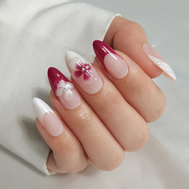  Bold Pink & White French-Tip Cherry Blossom Soft Gel Nail Extensions 3D Press On Nails Suppliers 