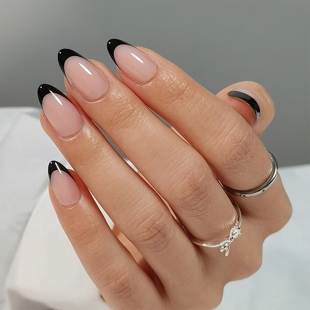 YoungMei OEM/Wholesale Soft Gel Nail Tips – 32PCS Classic Black French Press On Nails 