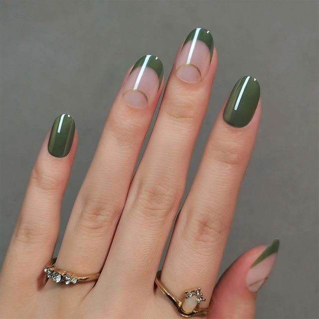  OEM ODM Short Oval Olive Green Chrome Press On Nails Factory 