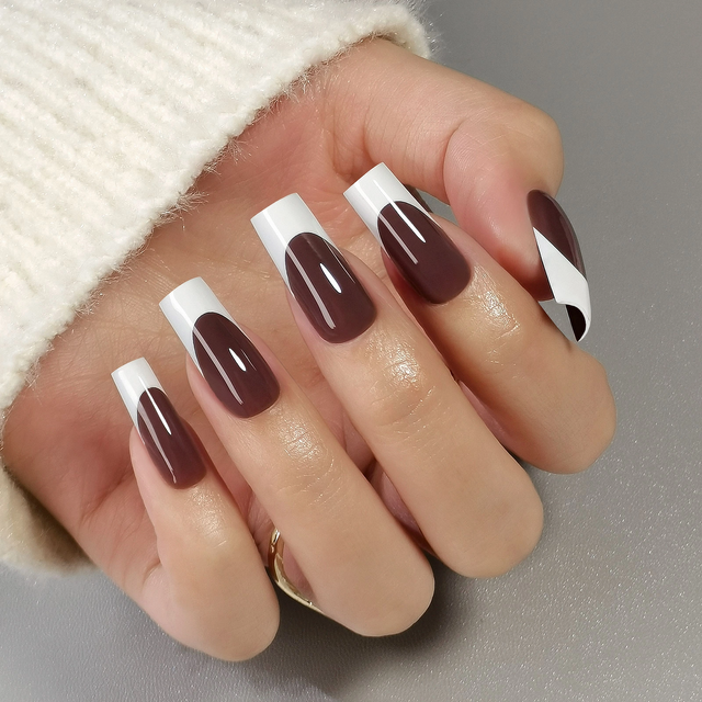  Private Label Fall Winter Long Shinny Brown French Custom Fake Nails 