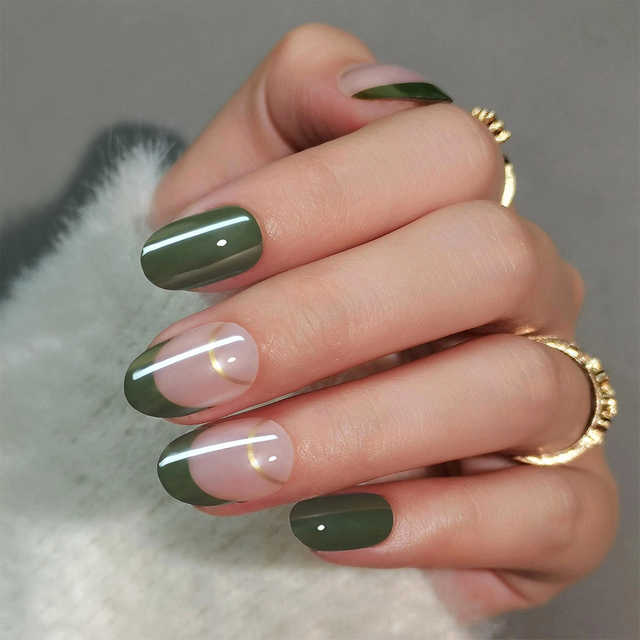 OEM ODM Short Oval Olive Green Chrome Press On Nails Factory 