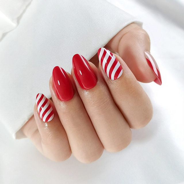  Custom Christmas Candy Cane Design Private Label Press On Nails Art Tips 