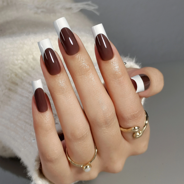  Private Label Fall Winter Long Shinny Brown French Custom Fake Nails 