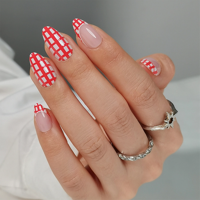  Wholesales Red French Nails Tips Checkered Soft Gel Nail Tips 32 Piece Set 