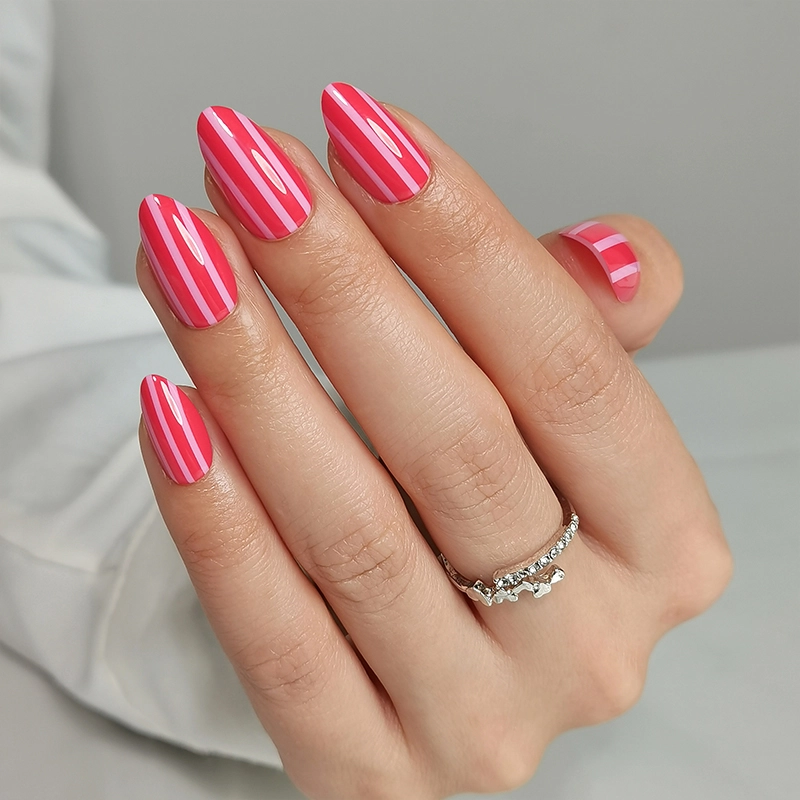  Vibrant Pink & White Striped Soft Gel Nail Extensions Press On Nails Manicure Vendor 