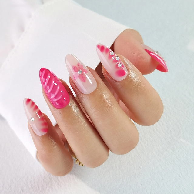  Summer Wholesale 3D Printing Red Rose Rhinestones Private Label Press On Nails Art Tips 